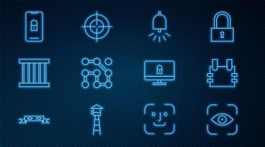 Çizgi Göz Tarayıcı Yelek Alarm Çalar Alarm Çanı Graphic Parola Koruma Penceresi Mobil Kapalı kilit bilgisayar monitörü ve Hedef Spor ikonu ile ayarlayın. Vektör.