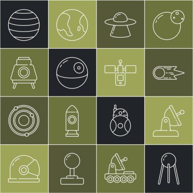 Uydu anteni Kuyruklu Yıldızı hızla düşen UFO uzay gemisi Ölüm Gezegeni Gezegeni Venüs ve simgesi. Vektör.