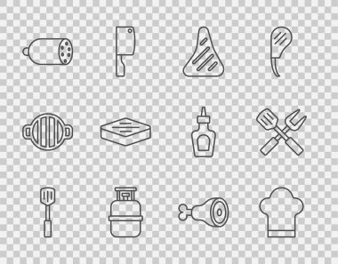 Barbekü spatula şefi şapkalı biftek propan tüplü salam sosis tavuk bacağı ve çapraz çatal ve ikon. Vektör.