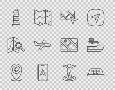 Hattı, hastaneler arası taksinin çatısı harita navigasyonu deniz feneri uçağı çalışanı ve gemi hattı ikonu ile belirleyin. Vektör.