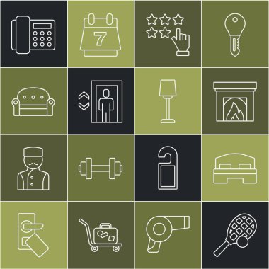 Top Hotel oda yataklı tenis raketi iç şömine yıldızları Lift Sofa Telefon ahizesi ve masa lambası ikonu. Vektör.
