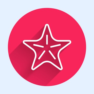 Beyaz çizgi deniz yıldızı ikonu uzun gölgeli izole edilmiş. Kırmızı daire düğmesi. Vektör.