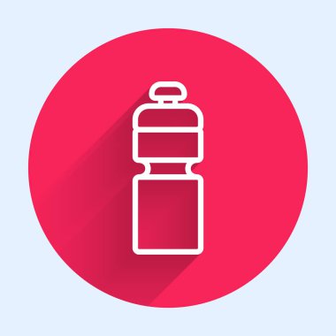 Beyaz çizgi fitness sallama simgesi uzun gölge arkaplan izole. Su ve protein kokteylleri için kapaklı spor karıştırıcı şişesi. Kırmızı daire düğmesi. Vektör.