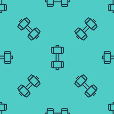 Siyah çizgi Dumbbell simgesi yeşil arka planda kusursuz desen izole etti. Kas kaldırma, fitness halteri, spor malzemeleri. Vektör.