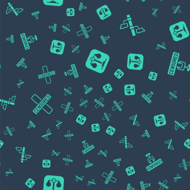 Adaletin terazisini, güvenlik kamerasını, sansürlü pulu ve kusursuz deseni ayarla. Vektör.