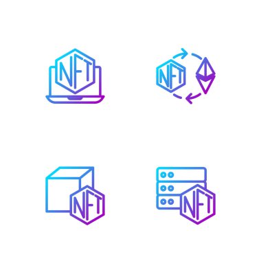 Hat NFT engelleme teknolojisi dijital şifreleme sanat dizüstü bilgisayarını mağaza uygulaması ve Ethereum takası ile ayarla. Renk simgeleri. Vektör.