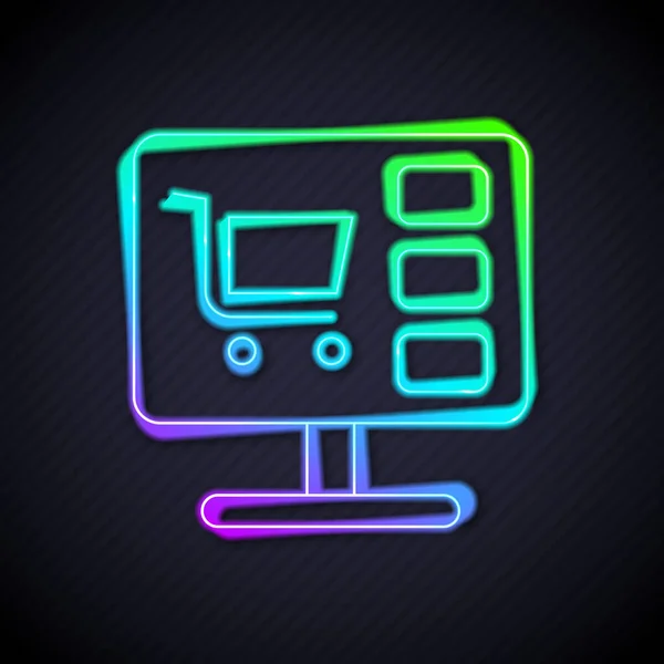 Glödande Neon Line Shopping Vagn Skärmen Dator Ikon Isolerad Svart — Stock vektor