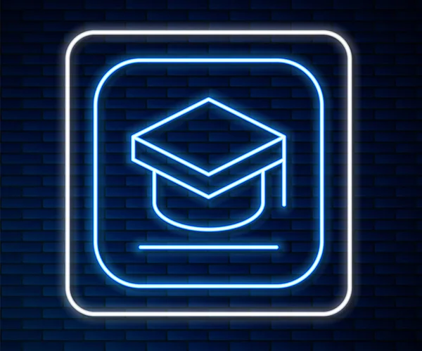 ネオンラインの輝きレンガの壁の背景に隔離された卒業キャップアイコン タッセルアイコンで卒業帽子 ベクトル — ストックベクタ