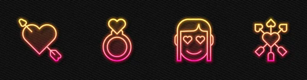 Romantik Kız Amour Ayarlayın Kalp Okla Evlilik Yüzükleri Parlayan Neon — Stok Vektör