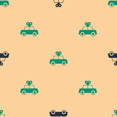 Green and black Toy car icon isolated seamless pattern on beige background.  Vector