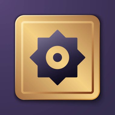 Purple Falling star icon isolated on purple background. Meteoroid, meteorite, comet, asteroid, star icon. Gold square button. Vector