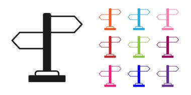 Siyah Yol trafik tabelası. Beyaz arkaplanda sinyal simgesi izole edildi. İşaretçi sembolü. İzole sokak bilgi levhası. Yön tabelası. Simgeleri renklendirin. Vektör
