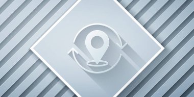 Kağıt kesiği Harita iğne simgesi gri arkaplanda izole edildi. Navigasyon, işaret, konum, harita, GPS, yön, arama konsepti. Kağıt sanatı tarzı. Vektör