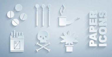 Kurukafa 'yı çapraz kemiklere sigara piposu, sigara paketi, esrar ya da esrar bitkisi, kibrit ve ilaç hapı ikonuna ayarlayın. Vektör