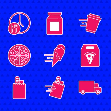 Çevrimiçi olarak dondurma sipariş et, ve teslimat, arabayla, pizzayla, pizzayla, kahve fincanıyla git ve ikonu yuvarla. Vektör