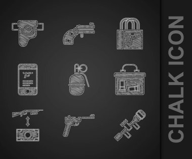 El bombası, Mauser silahı, keskin nişancı optik görüşü, askeri mühimmat kutusu, saldırı tüfeği satın alma, mobil silah uygulaması, tabanca ve silah kılıfı ikonu. Vektör