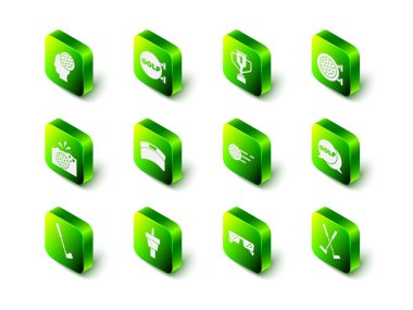 Golf kulübü, golf kupası, etiket, çapraz, top, gözlük ve golf ikonu. Vektör