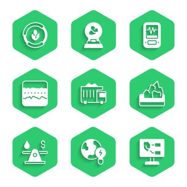 Madencilik çöp kamyonu, ampullü, toprak analizli, yağ madenli, petrol paralı, zemin katmanlı, sismograflı ve ikonlu küresel gezegen. Vektör