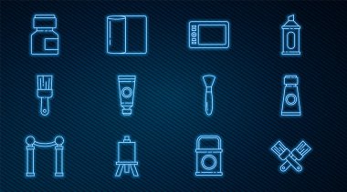 Çizgiyi çapraz boya fırçası, paletli tüp, grafiksel tablet, boya, boya, gouache, kavanoz, boya ve kağıt havlu rulo ikonu ile ayarla. Vektör