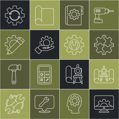 Satır bilgisayar monitörü ve teçhizatı, grafikli kağıt pusula, Gear, Kullanıcı el kitabı, eli, kalemi, ok çalışma akışını ve anahtarlı anahtar simgesini ayarla. Vektör