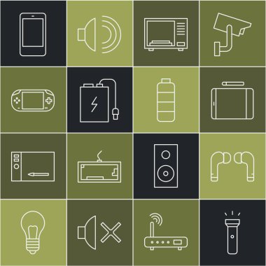 Hat hattı el feneri, hava kulaklıkları, grafiksel tablet, mikrodalga fırın, şarj kablosu olan elektrik bankası, taşınabilir video oyun konsolu, akıllı telefon, mobil ve pil seviyesi gösterge simgesi. Vektör