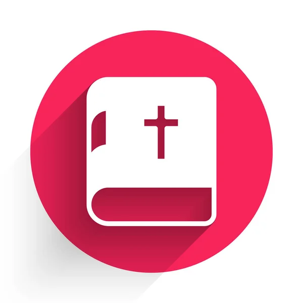 長い影で隔離された白い聖書の本のアイコン 赤い丸ボタン ベクトル — ストックベクタ