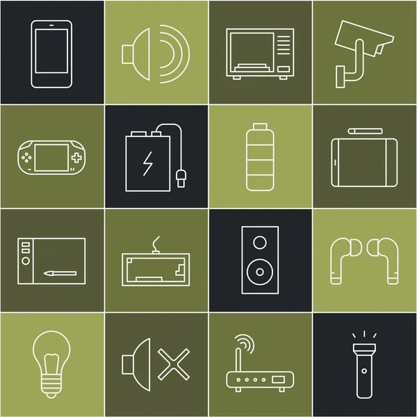 stock vector Set line Flashlight, Air headphones, Graphic tablet, Microwave oven, Power bank with charge cable, Portable video game console, Smartphone, mobile and Battery level indicator icon. Vector