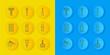 Parfüm, saç fırçası, saç spreyi, makas, maskara, tıraş bıçağı, tırnak törpüsü ve makyaj ikonu. Vektör