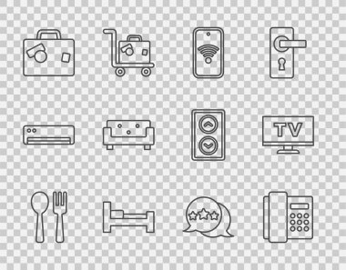 Fork and spoon, telefon ahizesi kablosuz cep telefonu, otel odası yatağı, bavul, kanepe, beş yıldızlı değerlendirme ve akıllı televizyon ikonu. Vektör