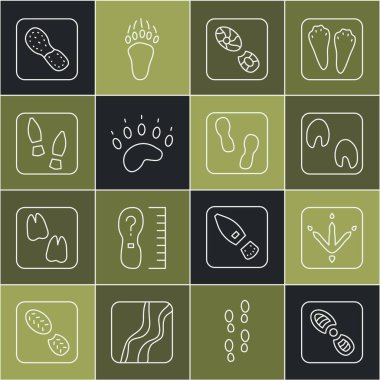 Çizgi çizgisi insan ayak izleri, tavuk pençesi, at, ayı ve ikon. Vektör