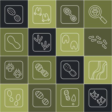 Martı ayak izi, Yılan, İnsan ayak izi ayakkabısı, Güvercin ve At ikonu. Vektör