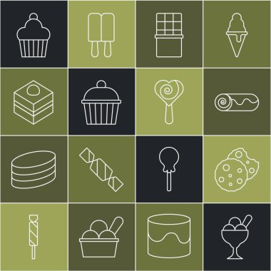 Dondurmayı kaseye, kurabiyeye, çikolatalı pastaya, pastaya, keke, çikolataya ve lolipop ikonuna koy. Vektör