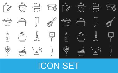 Hattı belirle Bıçak, kızartma tavası, mutfak çırpısı, hamurda rulo pin, pişirme tenceresi, kesme tahtası ve bıçak ve et doğrayıcı ikonu. Vektör