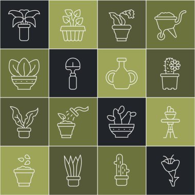 Sıra Çiçek, saksıda bitki kaktüs peyote, kürek, egzotik tropik bitki ve vazo ikonu. Vektör