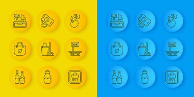 Hat hattı viski şişesi, geri dönüşüm, paspas ve kova, satın alma düğmesi, elektronik terazi, kasa makinesi, süpermarket ürünleri fiyat etiketi ve POS terminal ikonu. Vektör
