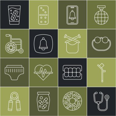 Stetoskop, koltuk değneği ya da koltuk değneği, gözlük, acil telefon görüşmesi tekerlekli sandalye, sahte çene ve örgü ikonu ayarlayın. Vektör