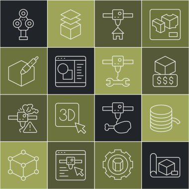 Mühendislik, Filament 3D yazıcı, hizmetler, ev, yazılım, 3D kalem aracı, tarayıcı ve anahtar anahtarı simgesi için satır grafikleme kağıdı ayarla. Vektör