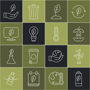 Eko doğa yaprağı bataryası, rüzgar türbini, Apple çekirdeği, filiz, ampul, konum, Yaprak el ve termometre ikonu. Vektör