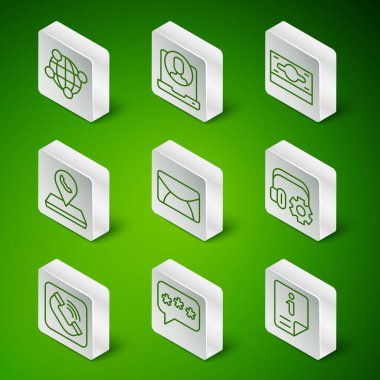 Satır Bilgileri, Konuşma Balonu Sohbeti, Küresel Teknoloji, Posta ve E-posta, Çağrı Merkezi konumu, Telefon Destek, Cep Telefonu ve Ayarlar Simgesi ile Kulaklıklar. Vektör