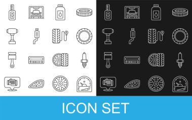 Hat motor benzin göstergesi, araba bujisi, lastik tekerleği motor yağı, susturucu, vites kolu, uzaktan kumandalı anahtar ve lastik basıncı ikonu. Vektör