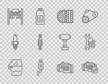 Hat kapısını, motoru, tekerleği, egzozu, asansördeki tamir arabasını, şok emiciyi ve servis ikonunu kontrol edin. Vektör