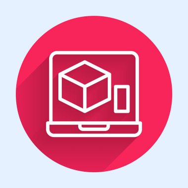 Beyaz çizgi 3D yazıcı simgesi uzun gölgeli izole edilmiş. 3D baskı. Kırmızı daire düğmesi. Vektör.