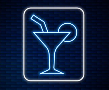 Parlak neon hattı. Kokteyl ve alkol ikonu tuğla duvar arkasında izole edilmiş. Vektör