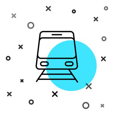 Siyah hat tren ve demiryolu ikonu beyaz arka planda izole edildi. Toplu taşıma sembolü. Metro treni nakliyesi. Metro yeraltı. Rastgele dinamik şekiller. Vektör