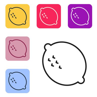 Beyaz arkaplanda siyah çizgi limon simgesi izole edildi. Renkli kare düğmelerle simgeleri ayarla. Vektör