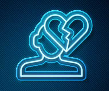 Parlayan neon hattı kırık kalp ya da boşanma ikonu mavi arka planda izole edilmiş. Aşk sembolü. Sevgililer Günü. Vektör