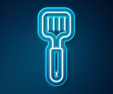 Parlayan neon çizgisi Spatula simgesi mavi arkaplanda izole edildi. Mutfak spatula ikonu. Barbekü spatula işareti. Barbekü ve ızgara aleti. Vektör