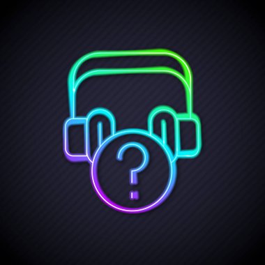 Siyah arkaplanda soru simgesi olan parlak neon hattı kulaklıklar. Müşteri hizmetleri, yardım hattı, çağrı merkezi, faq, bakım. Vektör