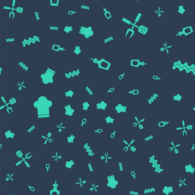 Sos şişesi, çapraz çatal ve spatula, şefin şapkası ve pastırma şeridini dikişsiz desen üzerine koyun. Vektör