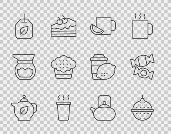 设置系列茶壶与叶子 球茶过滤器 柠檬杯 壶柄和糖果图标 — 图库矢量图片